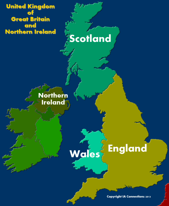 Map of the United Kingdom of Great Britain and Northern Ireland.
