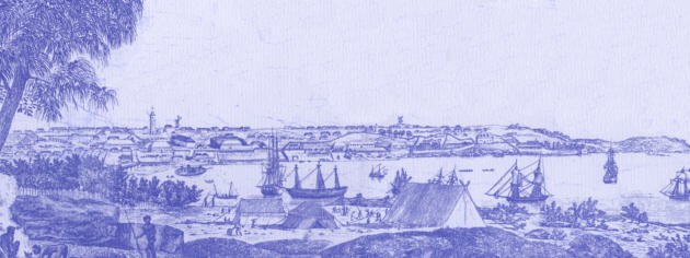 The Rocks and Sydney Cove in 1807.