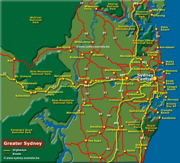 Greater Sydney Map - Click to see tourist info about Sydney