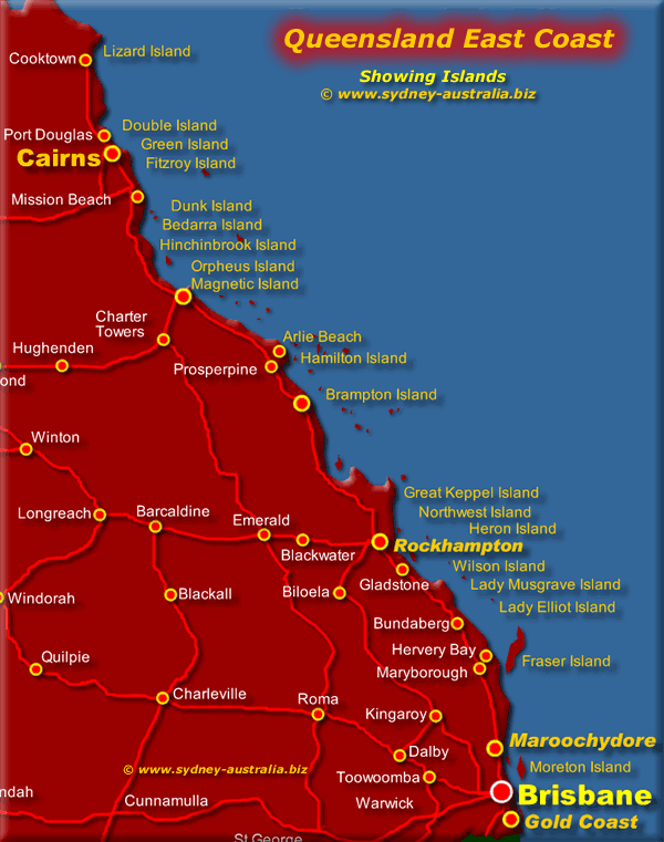 Queensland Map showing East Coast and Islands