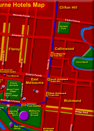Map showing location of NE Melbourne city hotels
